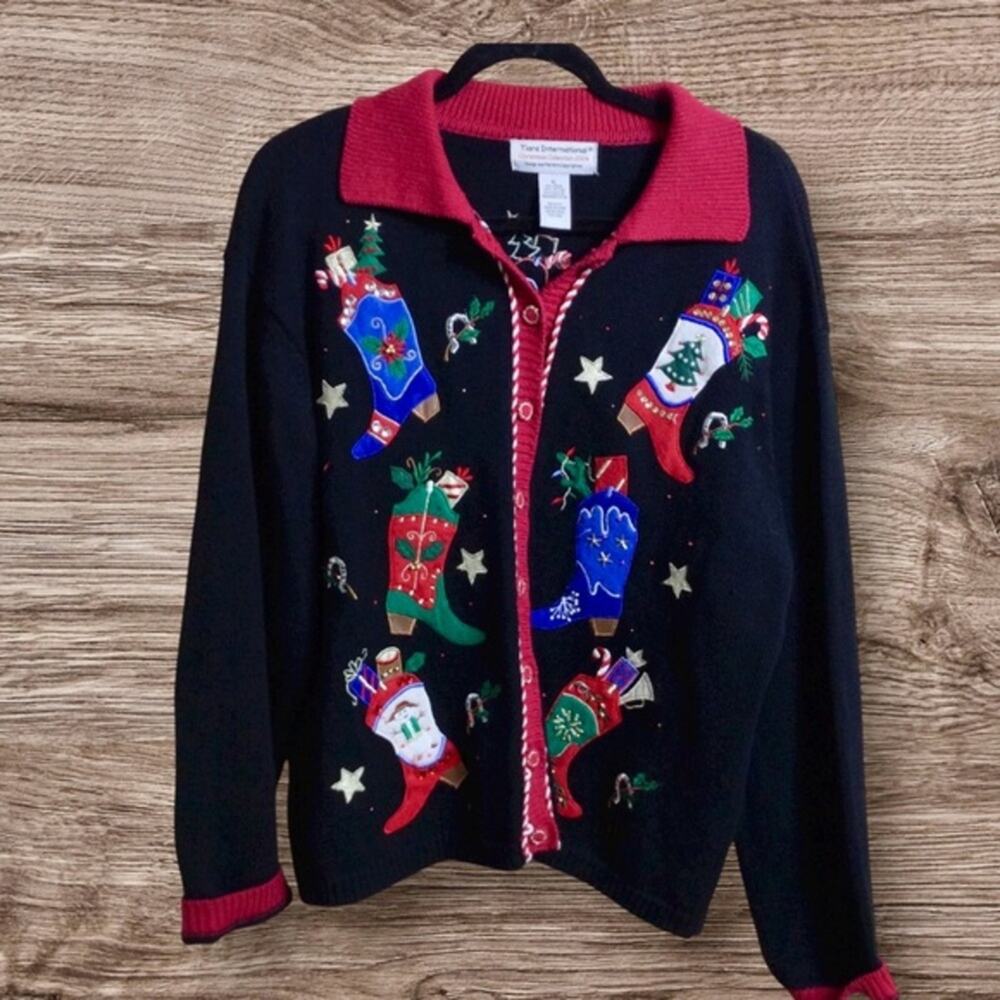 Tiara International western Christmas holiday sweater. Black. XL